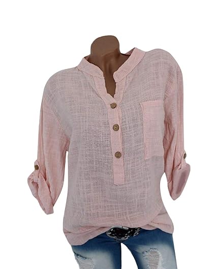 OranDesigne Damen Leinen Langarmshirt Freizeit Bluse V-Ausschnitt Button-Down Locker Hemd Shirt