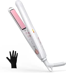 Terviiix Mini Flat Iron for Travel, Temperature Adjustable Dual Voltage, Small flat irons for short hair/ Bangs /Pixie Cut /Beard, Ceramic Mini Straightener &amp; Curling Iron, 0.5 Inch, with Glove, White
