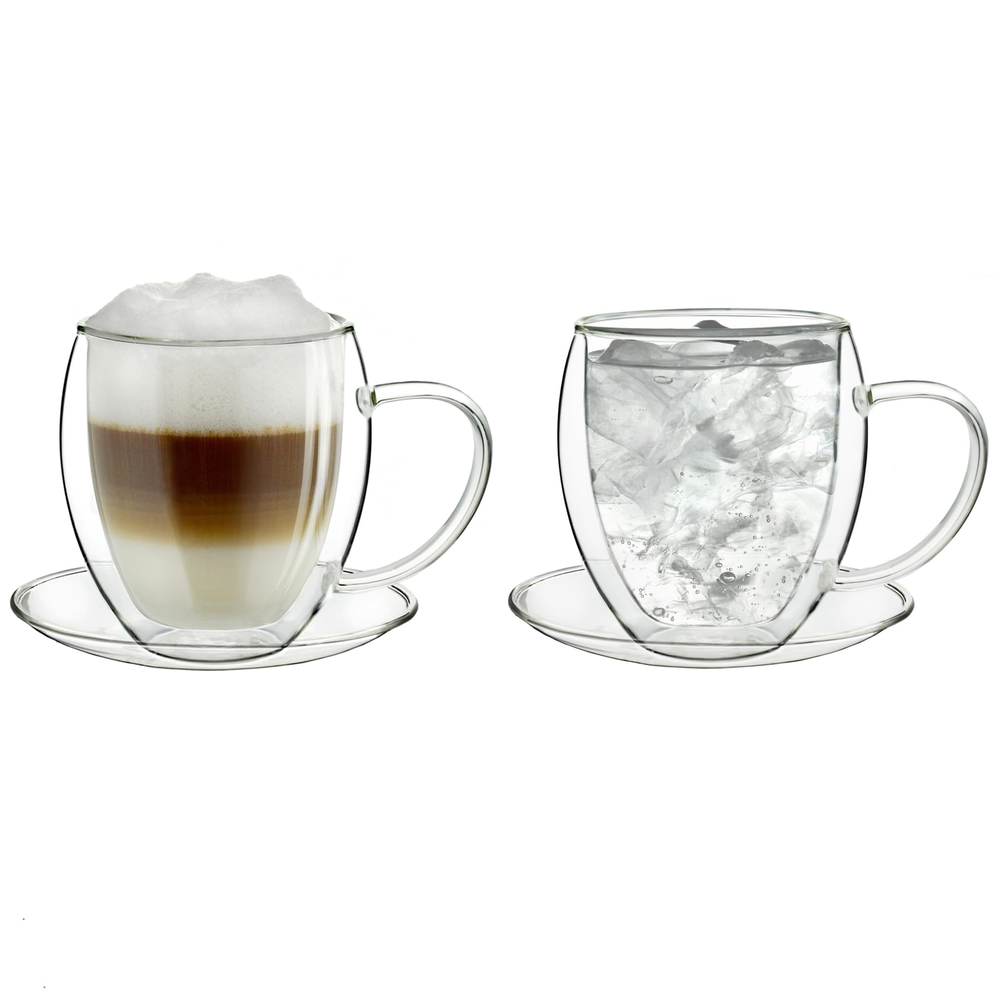 Creano Double Walled Coffee Glasses with Handle & Saucer 250ml - Insulated Cappuccino Cups - Latte Macchiato, Tea - Handmade Heat Resistant Mugs - 2 pcs (Pack of 1)