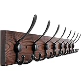Kuhome 32.2'' Large Coat Rack Wall Mount Coat Hooks Coat Hanger with 8 Metal Black Triple- Hooks Brown Pine Real Wood Plank Hat Rack for Wall Hooks for Hanging Coat Hat Jacket