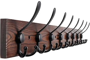 Kuhome 32.2'' Large Coat Rack Wall Mount Coat Hooks Coat Hanger with 8 Metal Black Triple- Hooks Brown Pine Real Wood Plank Hat Rack for Wall Hooks for Hanging Coat Hat Jacket
