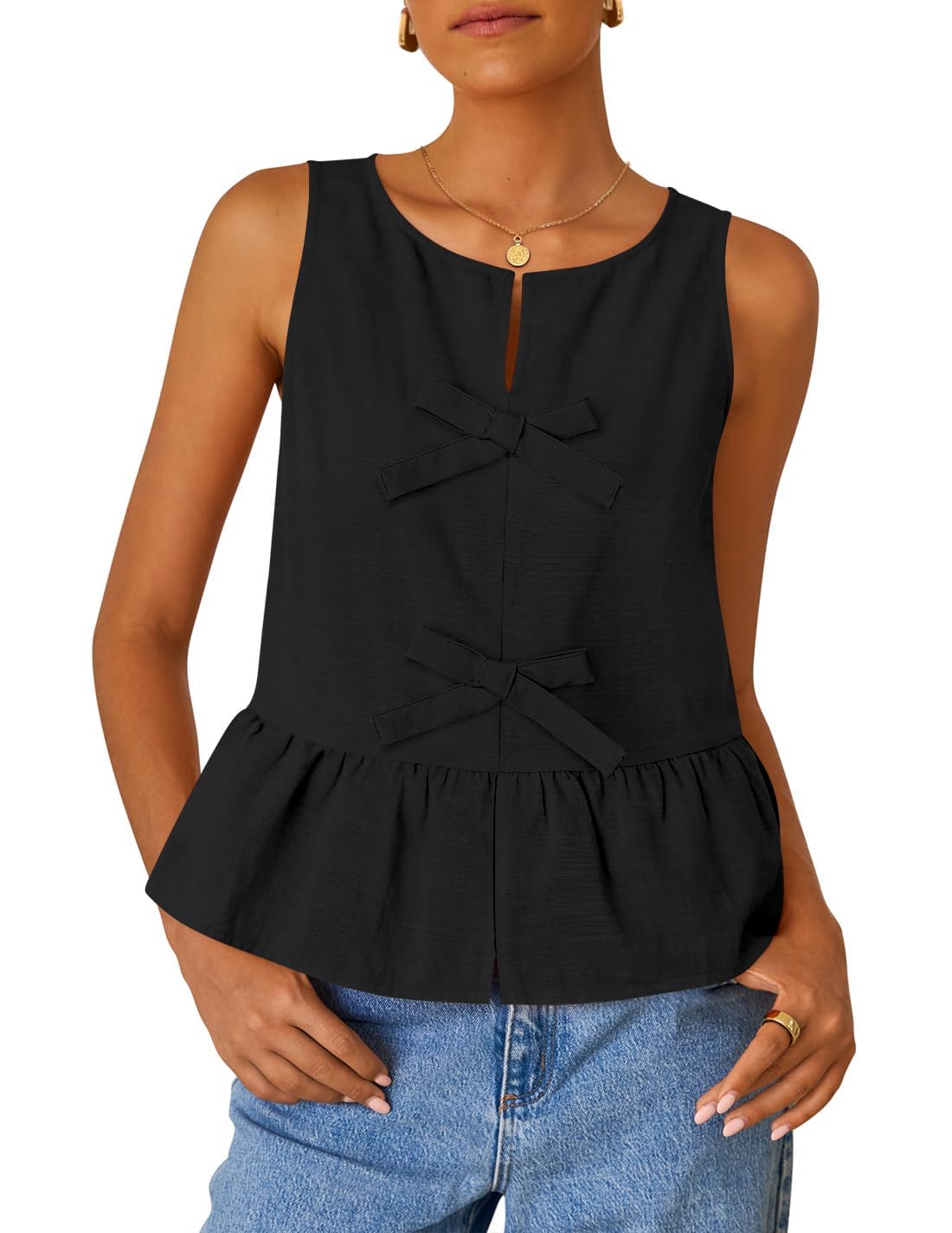 Photo 1 of ZESICA Women's Summer Sleeveless Tank Tops Crewneck Tie Front Loose Flowy Ruffle Peplum Babydoll Blouses,Black,X-Large
