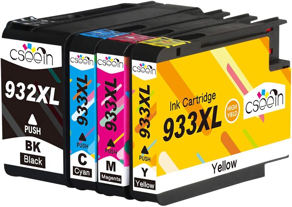 Cseein 4X Compatible HP 932 XL 933 XL High Yield Ink Cartridges Replacement for HP 6100 6600 6700 7110 7610 7612 Printer (1 932XL Black, 1 933XL Cyan, 1 933XL Magenta, 1 933XL Yellow)