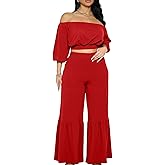 Two Piece Sets for Women Dressy Off Shoulder Crop Tops and Wide Leg Ruffle Pant Set Sexy Outfits