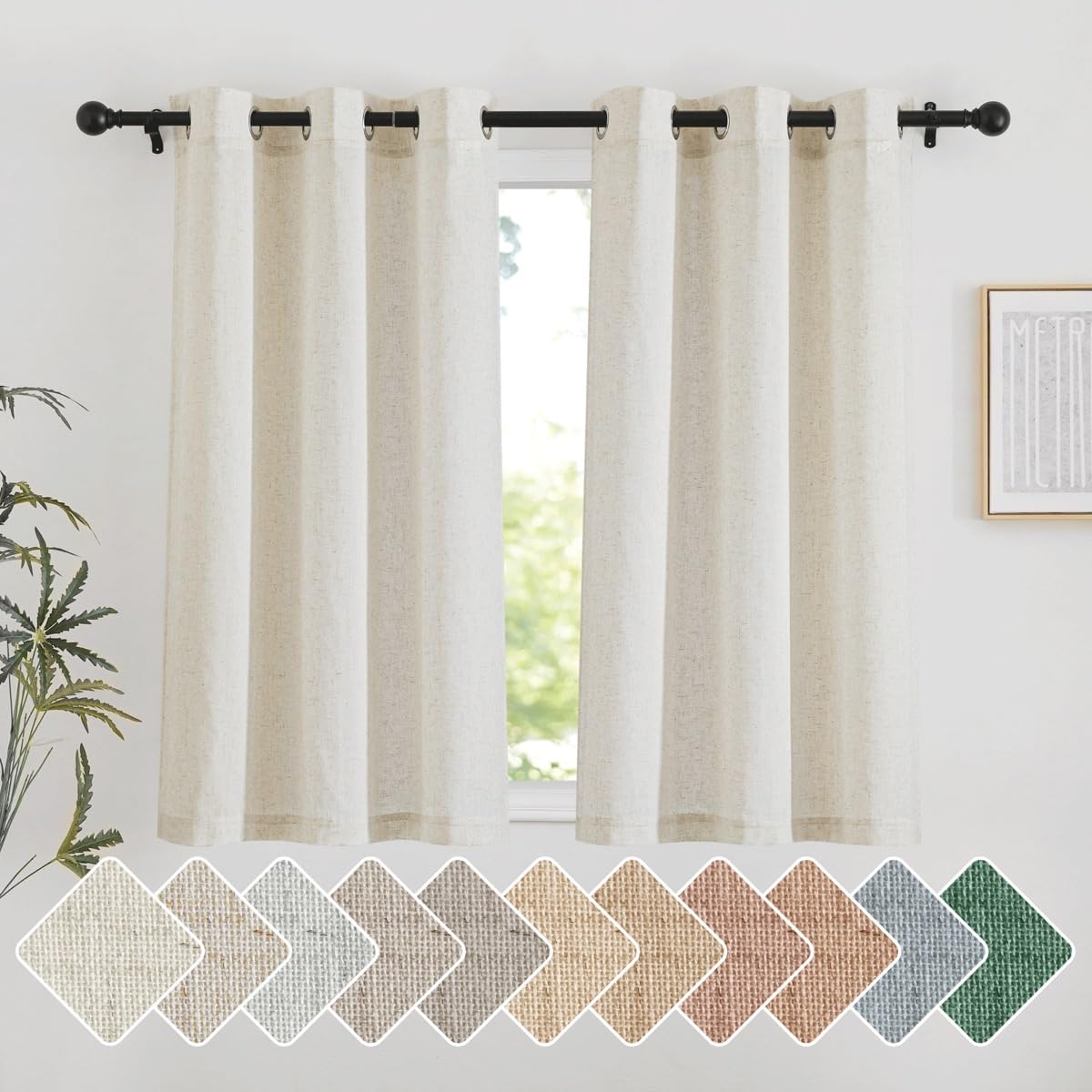 Photo 1 of NICETOWN Natural Short Linen Cafe Curtains for Kitchen, Thick Flax Small Window Treatments Semi Sheer Privacy Assured with Light Through for Cafe/Bathroom, W42 x L48, 2 Panels