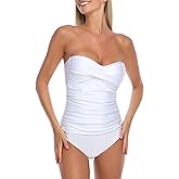 Ocean Blues Women’s Bandeau One Pieces Swimsuit Molded Cups Shirring Tummy Control Bathing Suit