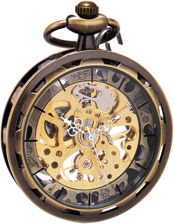 Amazon Manchda メンズ 機械式自動スケルトン スチームパンク 透明 オープンフェイス 懐中時計 スケルトン ダイヤルケース チェーン付き ギフトボックス付き S 3 ブロンズ 懐中時計 腕時計 通販