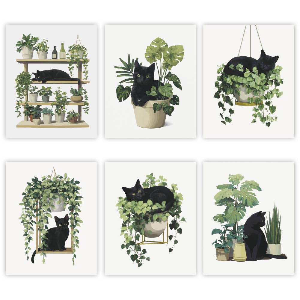 Photo 1 of GOMAKERER 6 Pcs Cute Black Cat Botanical Wall Art Prints, Green Plants Boho Wall Poster Minimalist Aesthetic Poster Pictures for Living Room Bedroom Office Home Decorations, (8x10 Inch Unframed)