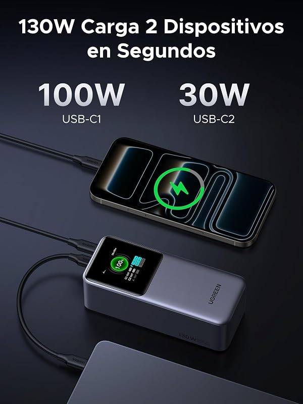 Ugreen nexode power bank 20000mah 130w, bateria portátil com 2 portas usb c e 1 porta usb a com display digital, compatível com macbook pro/air m2, iphone 15 plus pro max, galaxy s24 ultra