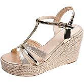 MAKEGSI Women's Graceful Wedge Heel Sandals Open Toe T-strap Heels