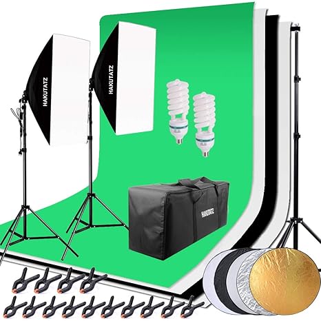 Hakutatz Profi Fotostudio Set Studioleuchte Studiosets Hintergrundsystem inkl. 4X Hintergrund(schwarz, 2x weiß, grün) 5-in-1 