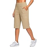 SANTINY 14" Shorts for Women Knee Length with Pockets High Waisted Stretch Long Bermuda Shorts for Summer Dressy Casual
