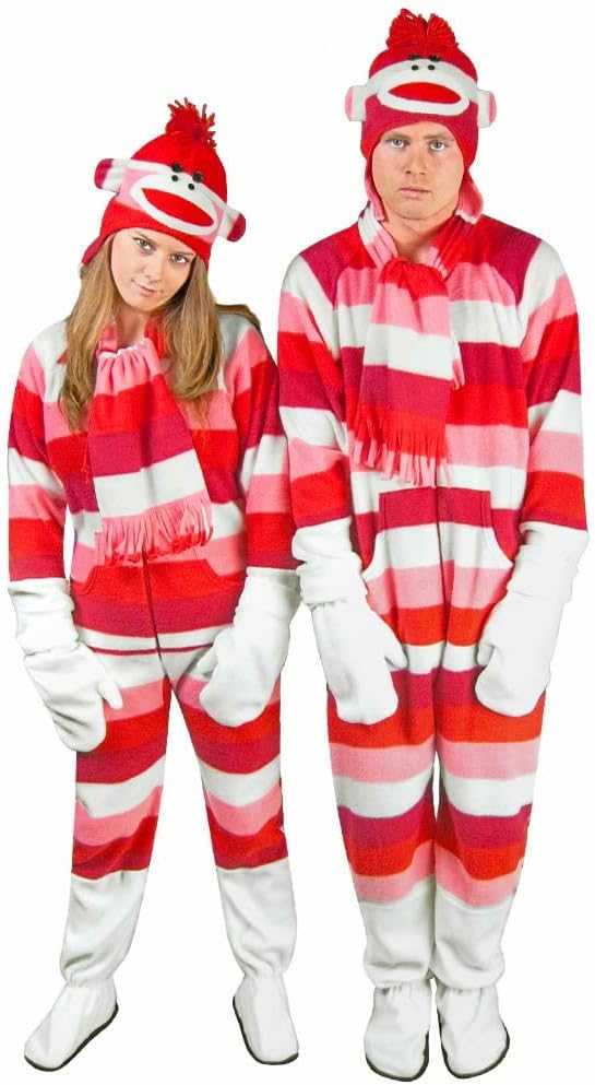 Sock Monkey Costume Fleece Striped Pajamas with Butt Flap