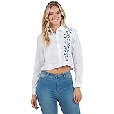 Mojito Women's Stylish Cropped Guayabera Shirt with Embroidery