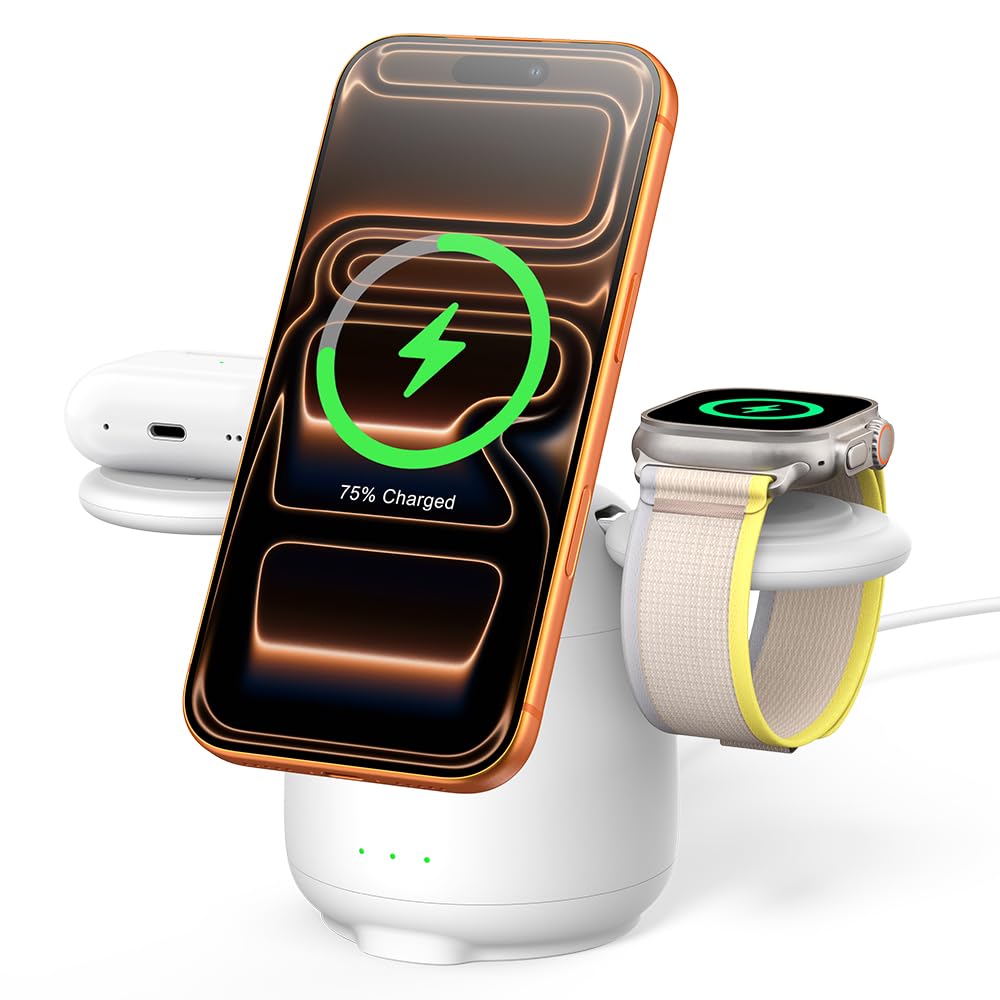 Magnetic Wireless Charger for iPhone, 3 in 1 Charging Station for iPhone 17e/Air/17/17 Pro Max/16/15/14, Charger Stand for Apple Watch Ultra 3/2/SE 3/2/11/10/9/8, Airpods, SwanScout 707M (No Adapter)