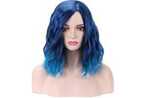 BERON Blue Wig Short Curly Wig Mix Blue Bob Wig Charming Women Girls Beach Wave Wigs Blue Wigs for Cosplay Costume Party Wig Cap Included