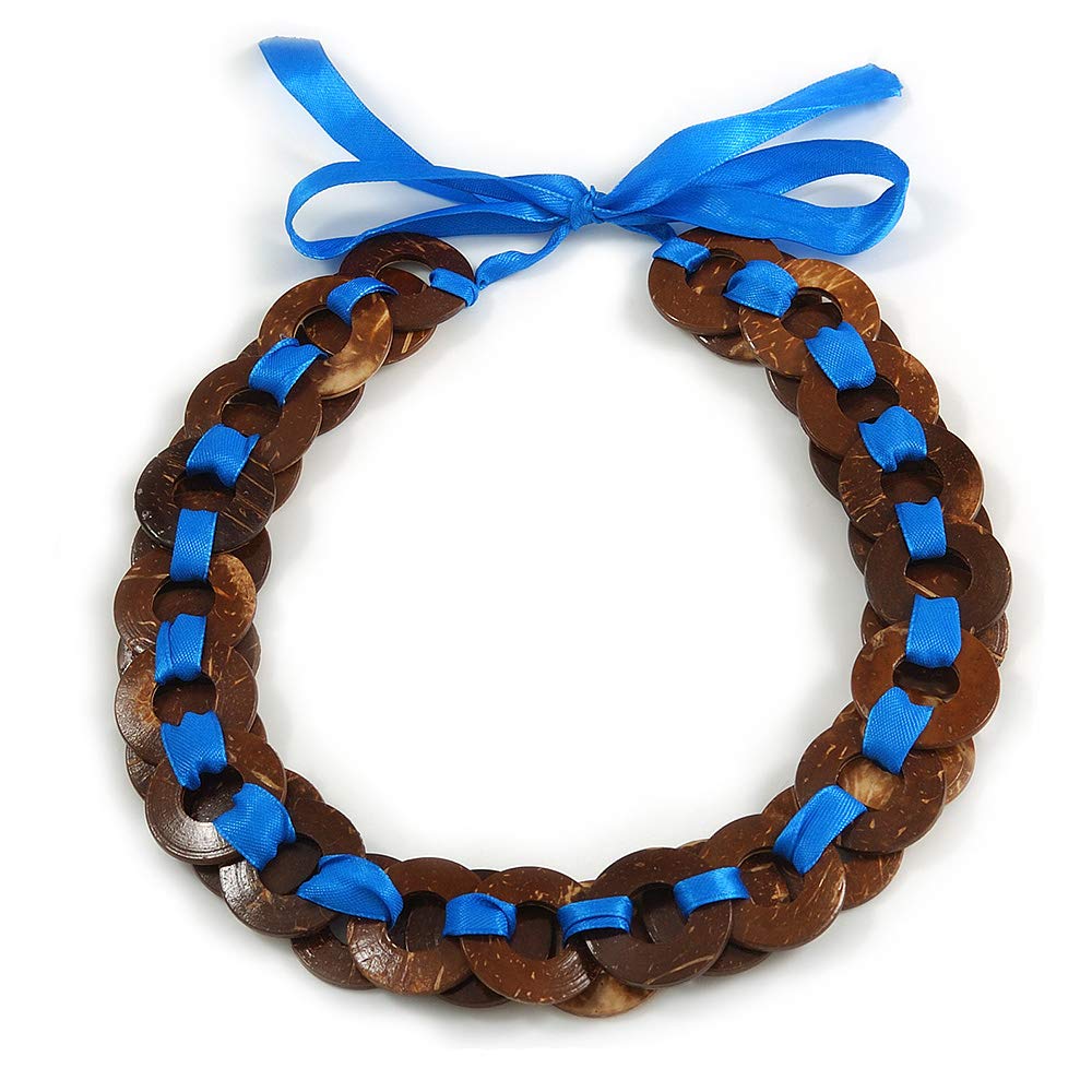 Avalaya Brown Wood Ring with Blue Silk Ribbon Necklace - 49cm L/ 20cm L Ribbon Ext