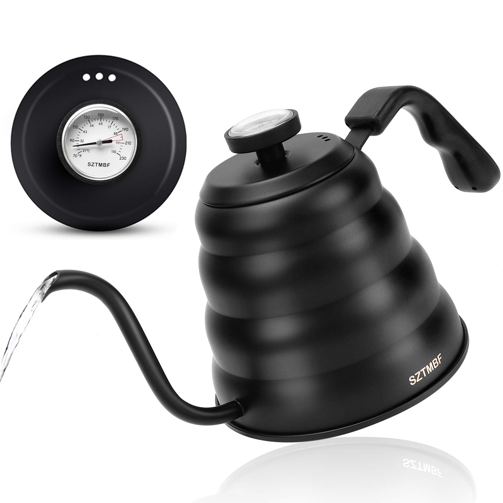 Gooseneck Pour Over Kettle for Coffee and Tea With Thermometer - Hand Drip Precision Flow Spout Jug for Induction Stovetop (Matte Black, 1200ml)