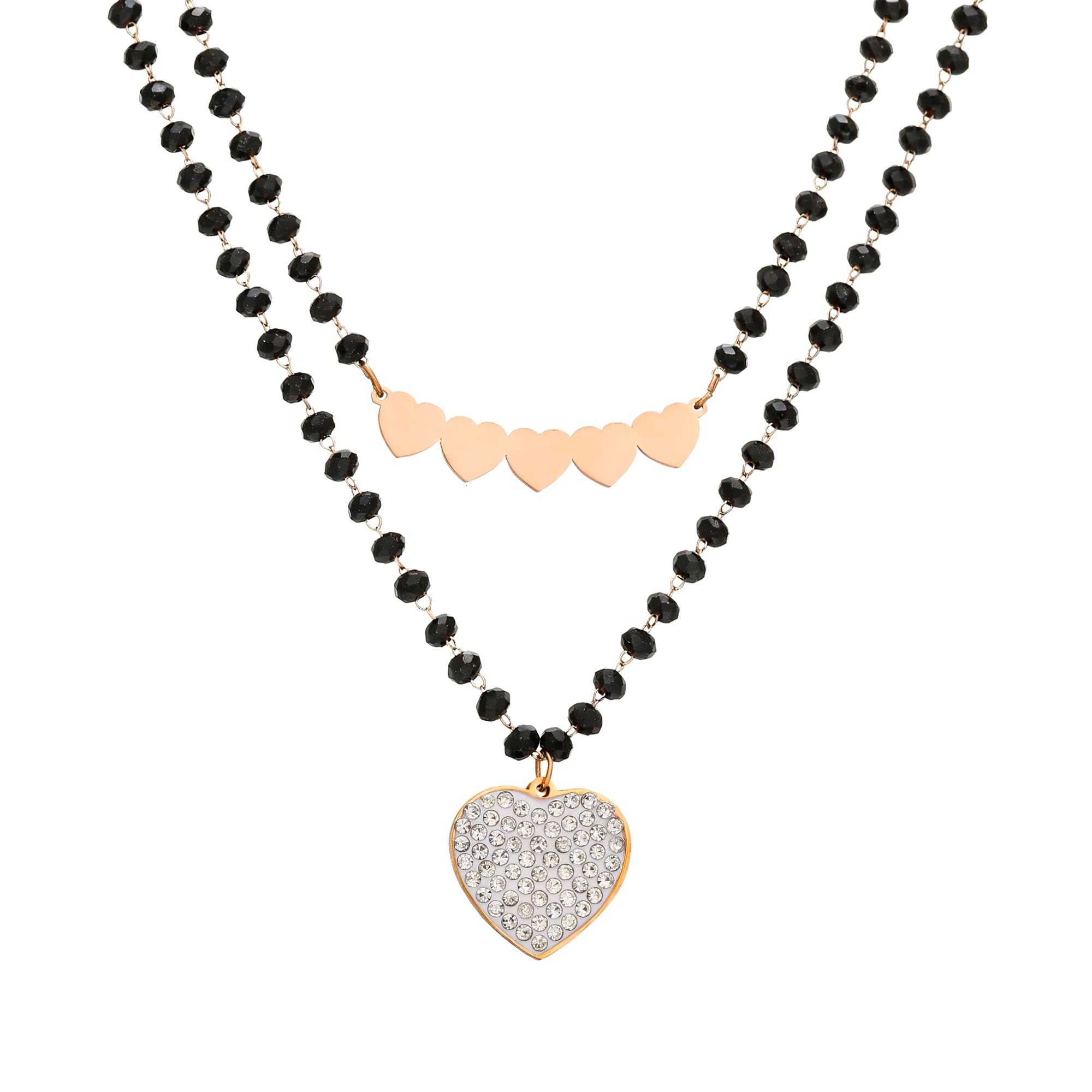 Stainless Steel Necklace for Women Love Pendant Bright Crystal Trendy Black Bead Chain Double Layer Necklace Fashion Jewelry Gift for Friends