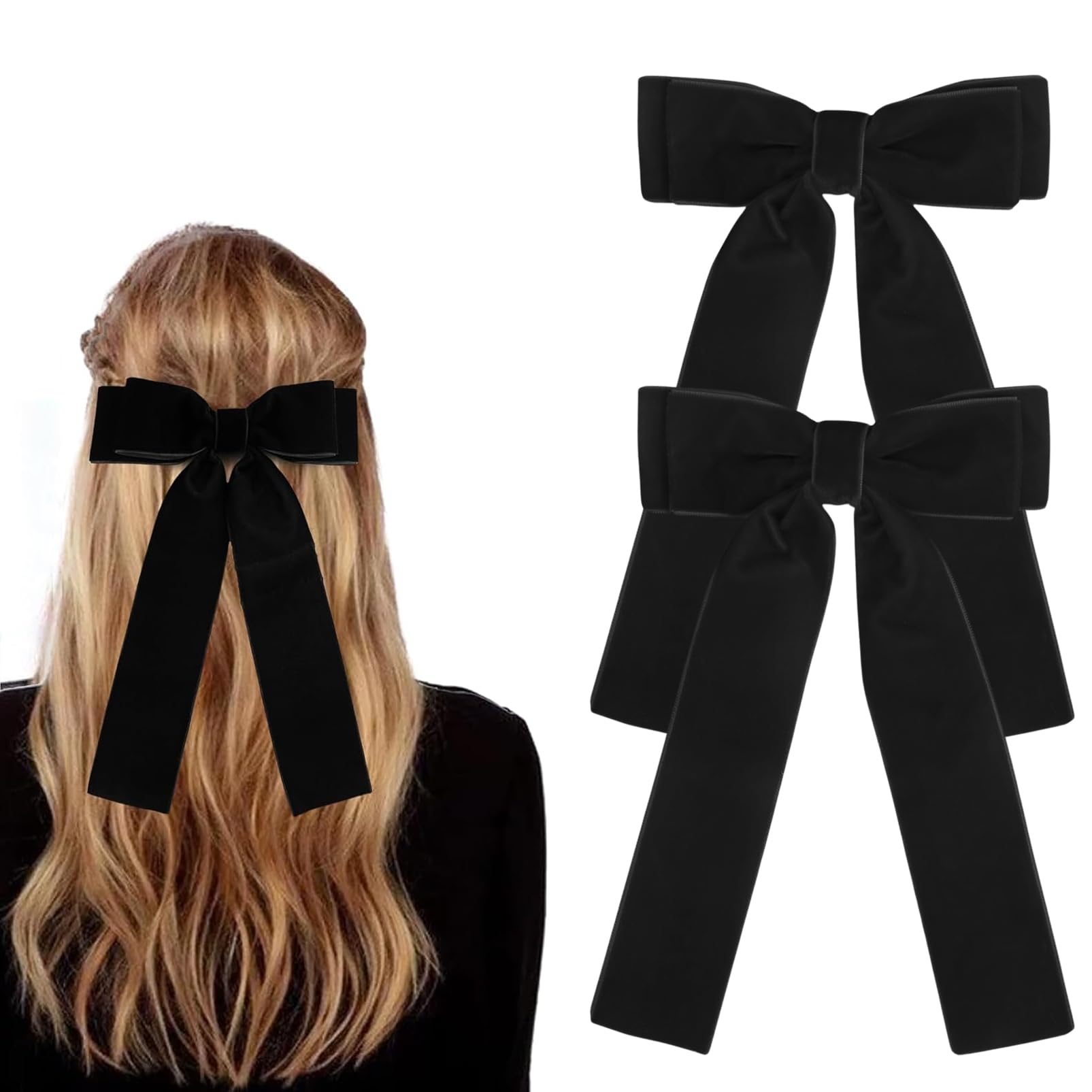 DMQ Black Hair Bows, 2Pcs Black Velvet Big Bows Hair Clips Set - Bowknot Hair Clip Barrettes with Long Ribbons Ponytail Holder French Hair Accessories for Women Christmas Gifts
