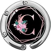 KANGYUSO Pink Initial Foldable Purse Hook, Flower Letter Handbag Hanger, Women's Bag Hanger Hook, Round Purse Table Hook, Funny Desk Hook Gift for Family Colleague Friend Office Worker (Flower C)