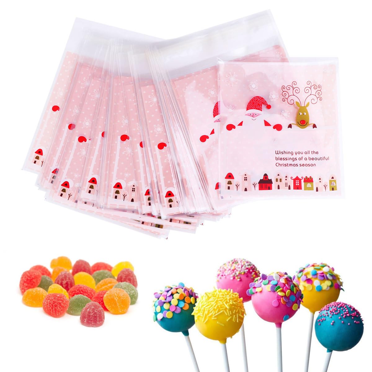 100pcs Christmas Cellophane Bags Christmas cello Treat Bags Candy Cookies Goodie Bags for Theme Party Supplies