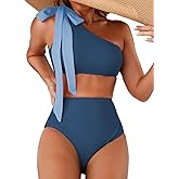 Herseas Women's One Bow Shoulder Bikini Sets 2 Piece Ruched Swimsuit Elegant Bathing Suit