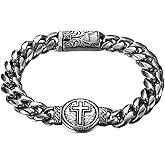 OIDEA Mens Cross Cuban Link Bracelet: Silver Stainless Steel Heavy Biker Chain Bracelet Birthday Father's Day Jewelry Gift