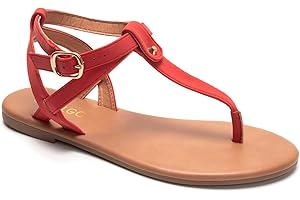 Colgo Thong Flat Sandals, Casual T Strap Dress Sandals, Adjustable Ankle Buckle Dress Thong Sandals with Strappy for Women Summer Wedding