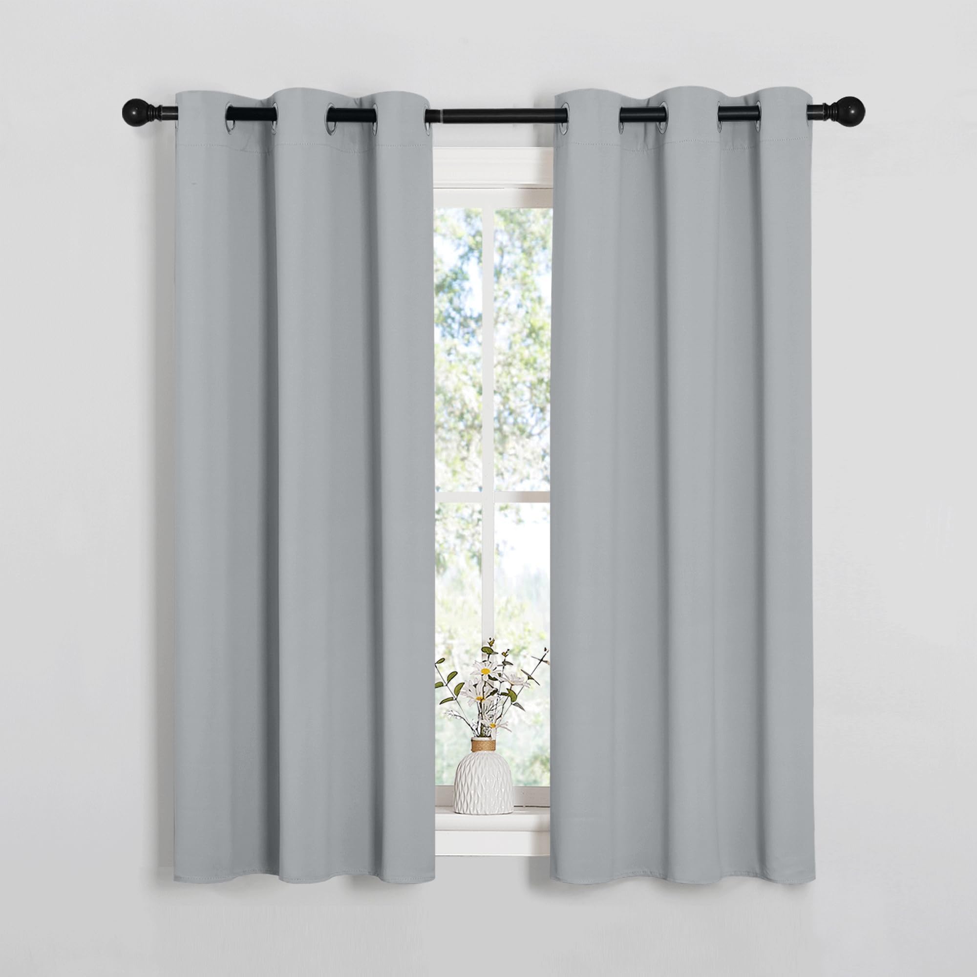 PONY DANCE Short Silver Grey Blackout Curtains With Eyelet for Bedroom, Thermal Room Darkening Privacy Curtains & Drapes for Nursery Kids，Soundsproof Light Blocking Drapes, W 34" x L 54", 2 Panels — image 1