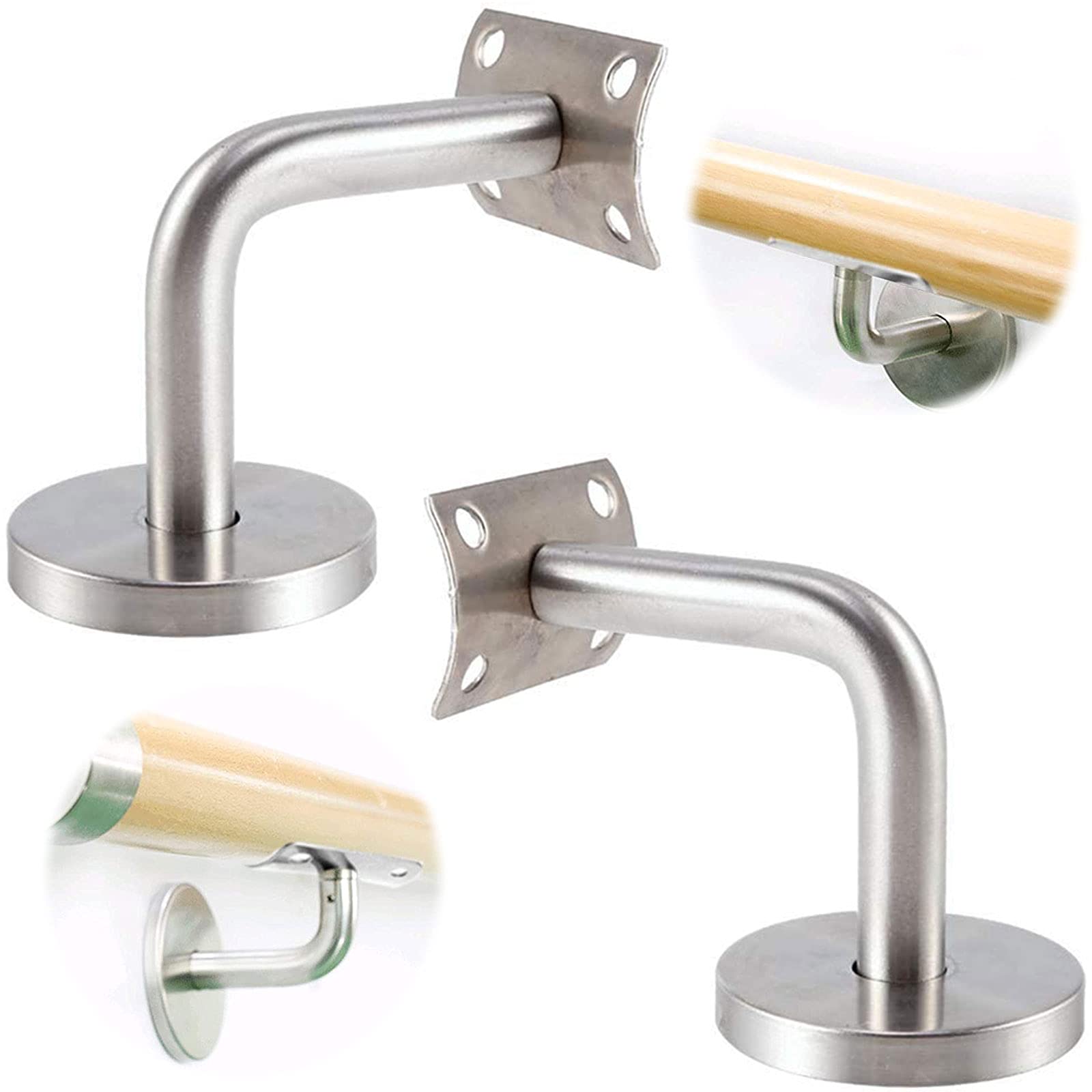 Mon3trYYDS Silver Stainless Steel Stair Rail Brackets 2 Pieces Wall Mounted Handrail for Wall Mounting Bracket Ramps, Hallway and Walls, 1.97 x 2.36 Inches (Universal)