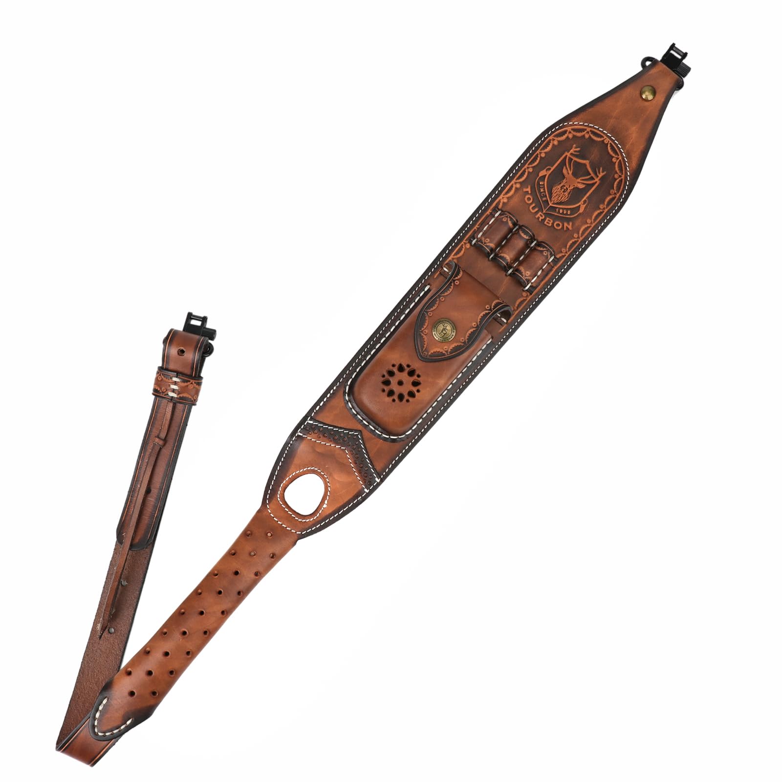 Tourbn Cowhide Leather Gun Sling Padded Shoulder Strap with Rifle Ammo Holder Pouch and Swivels