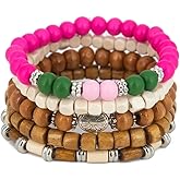 Aijewelop 5-Piece Stack, Bohemia Wooden Bead Bracelet Set for Women&Men,Multi-color,Streth Bead Bracelets Set Gift
