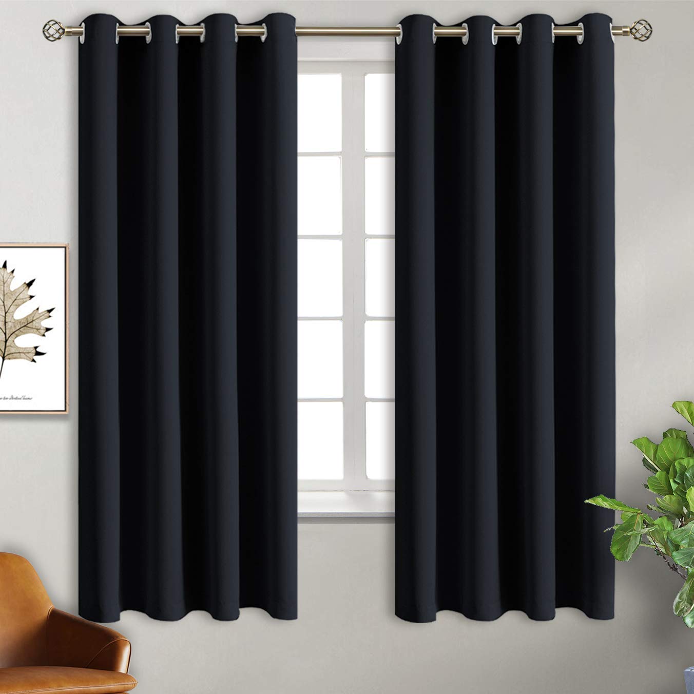 BGment Black Blackout Curtains for Bedroom 63 Inch Length 2 Panels Set, Room Darkening Light Blocking Thermal Insulated Grommet Window Drapes, Each Panel 46 Inch Wide