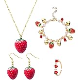 Asiamist 4 Pcs Strawberry Jewelry Set Red Strawberry Necklace Earrings Bracelet Ring 3D Simulation Strawberry Earrings Fruit Charm Jewelry Set
