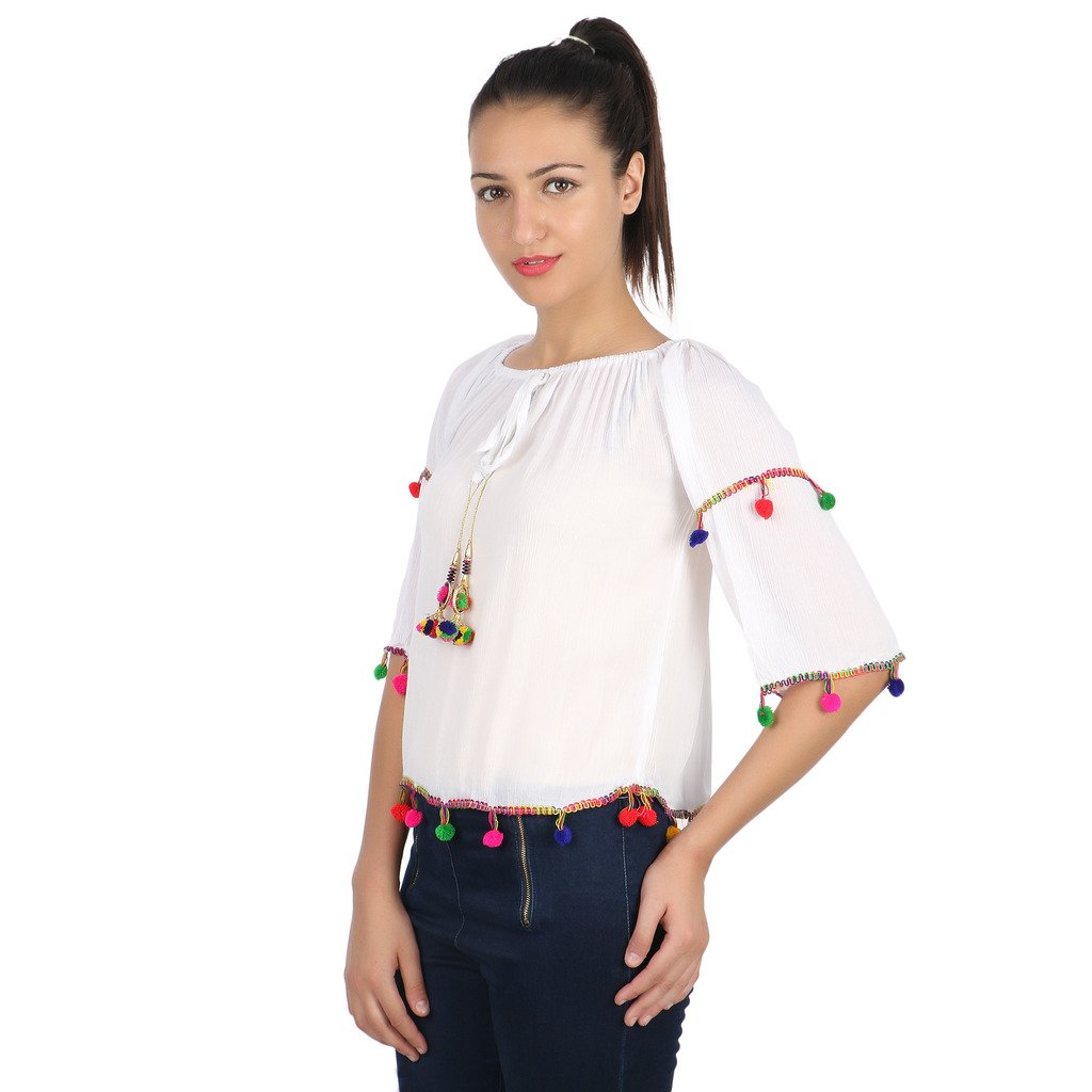 papsara white rayon pom pom top