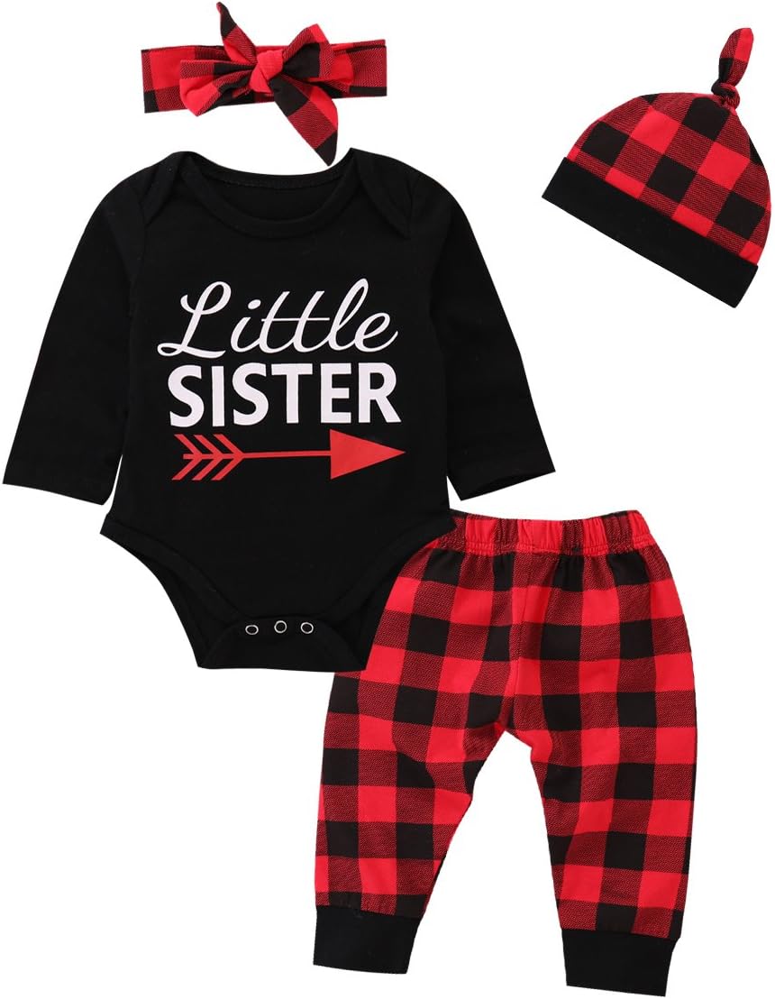 Baby Clothes Long Sleeve Onesie Bodysuit Red Plaid Pants Set Hat Bow Headband 4pcs Infant Toddler Outfits