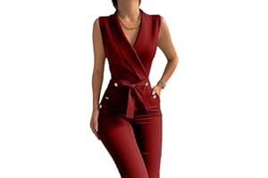 Women's Elegant Jumpsuits V Neck Sleeveless Straight Belted Long Pants Business Suits Set with Pockets