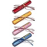 REAVEE 4 Pack Slim Pen Reading Glasses for Women Stylish Small Metal Tube Readers Spring Hinge with Portable Clip Case, Red Gold Pink Blue 4.0