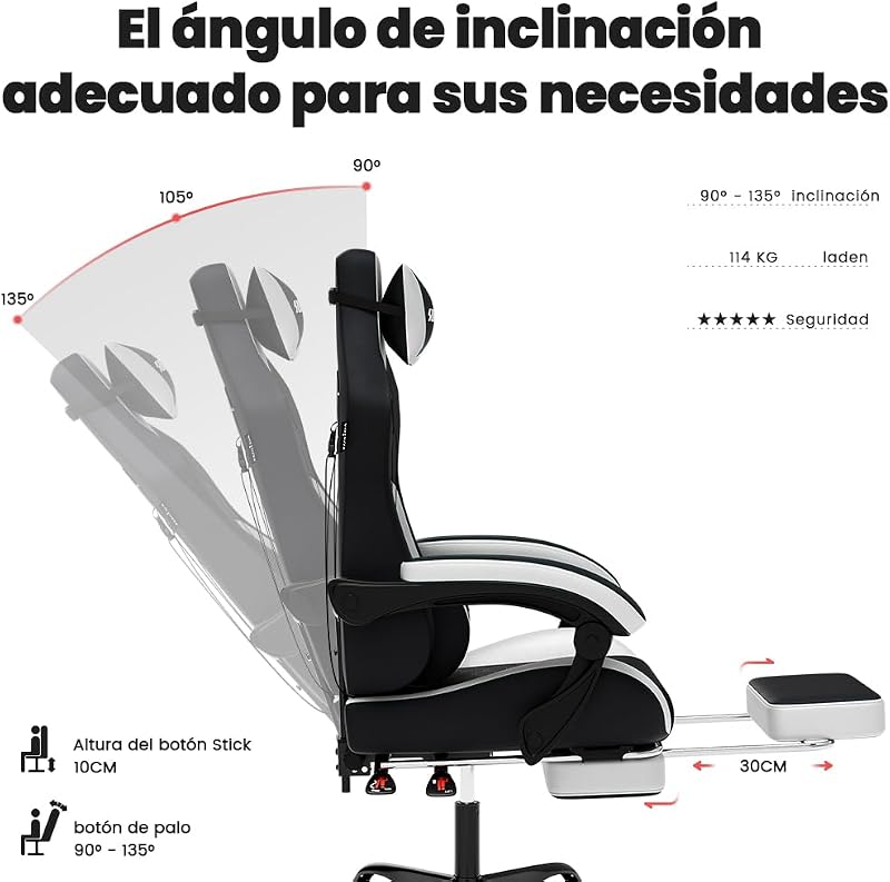 Silla ergonómica para Videojuegos, de Oficina, de Piel sintética, con reposacabezas, ergonómica, con Soporte Lumbar, hasta 150 kg — foto 4 de 8
