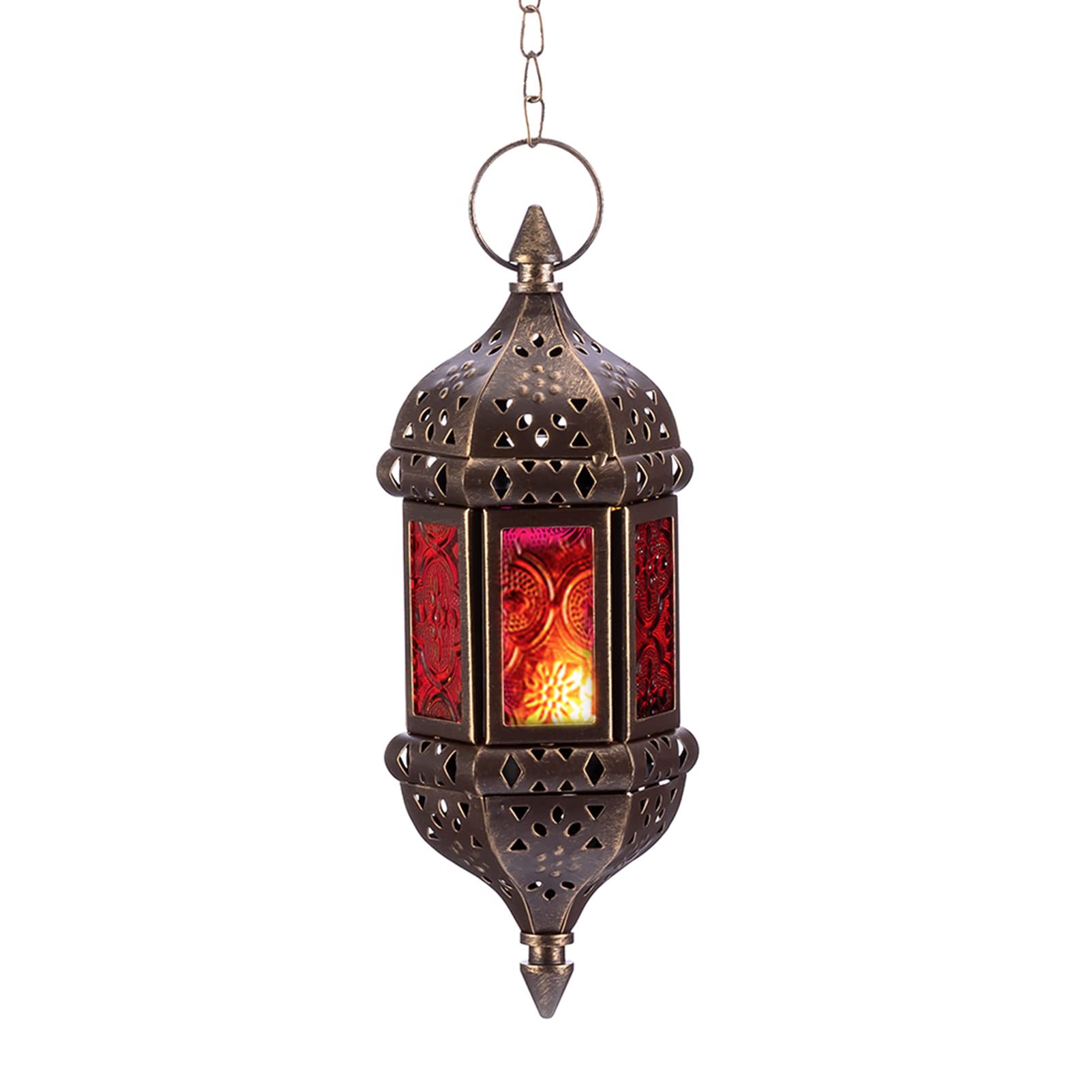Nuptio Moroccan Candle Lantern Hanging Tea Light Candle Holders Metal & Glass Ramadan Lamp Brown Decorative Lanterns for Candles for Living Room Balcony Patio Halloween Christmas Decorations, 1 Pc