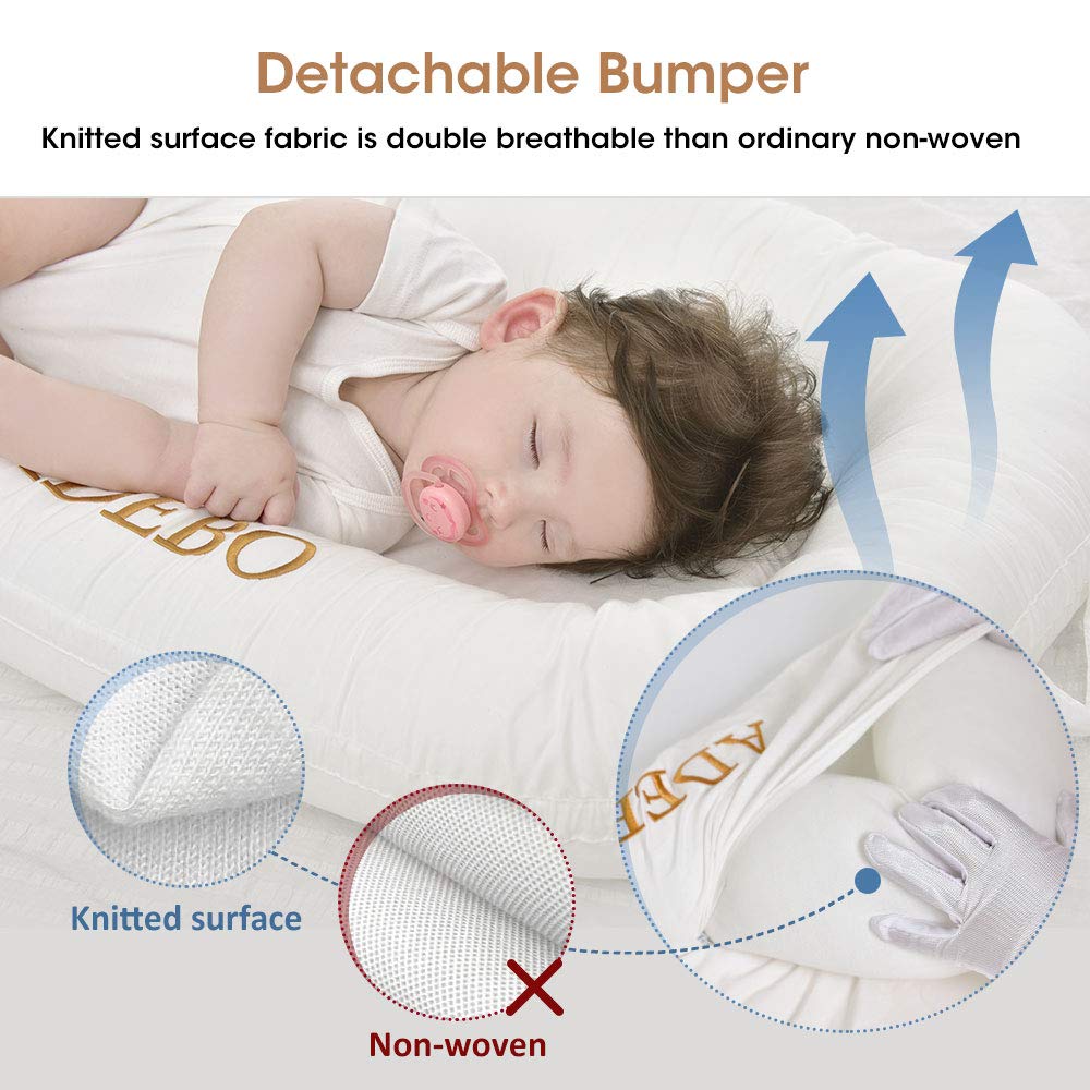 Adebo Premium Baby Nest(Infant White)-Portable Infant Lounger Bassinet, Perfect for Co-Sleeping -Super Soft & Breathable and 100% Cotton Newborn Crib-Suitable from 0-12 Months: Baby