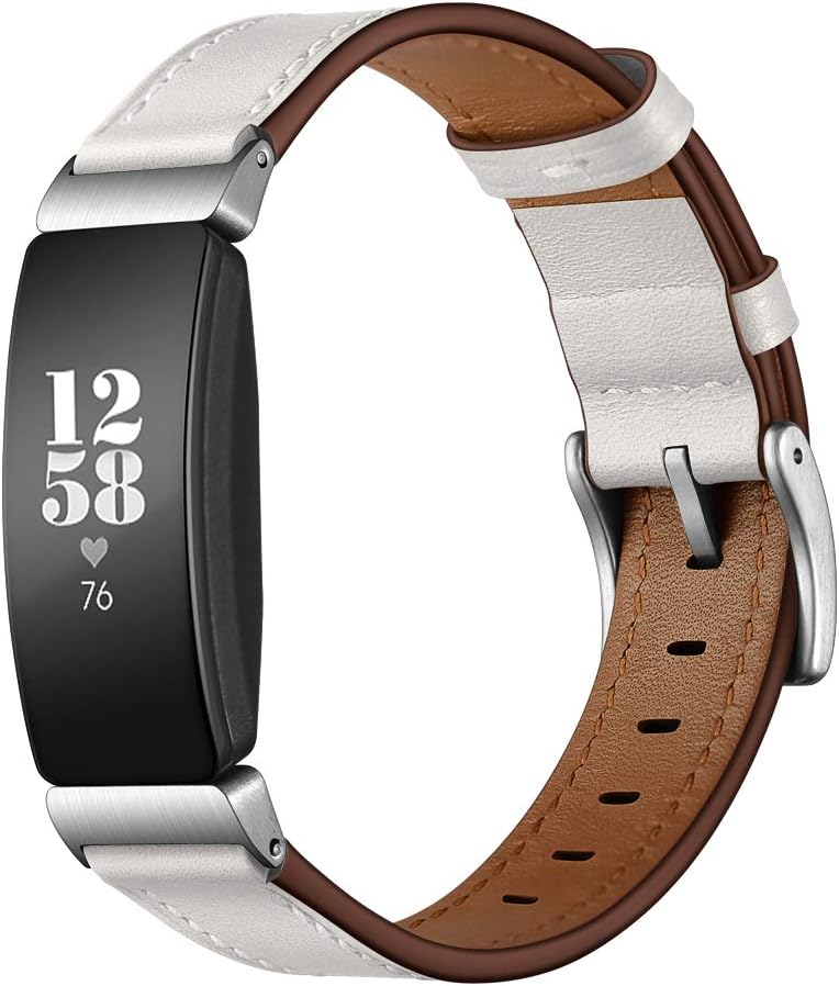 EloBeth Compatible with Fitbit Inspire Bands Inspire HR Band Leather Inspire HR Fitness Tracker Replacement Accessories Band Women (White 5.5”-8.1”)