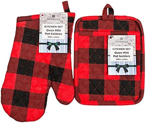 Kitchen Set Oven Mitt and Pot Holder 100% Cotton ( RED ) Heat Resistant Cooking Gloves for Cooking, Baking, Barbecue