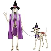6 Pcs Halloween 12ft Skeleton Outfits and 7ft Dog Skeleton Accessories Set | Witch Theme Giant Skeleton Accessories with Wig Witch Hat Cape Dog Hat Chain Broom Dog Tag Yard Decor Skeleton Not Included