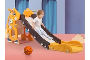 Sephyroth Kid Slide for Toddler Age 1-3 Indoor Plastic Slide Outdoor Playground Climber Slide Playset with Basketball Hoop & Ring Game (Dinosaur Yellow)