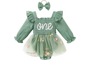 TITKKOP Baby Girl 1st Birthday Clothes One Year Old Tulle Romper Long Sleeve Bodysuit Cake Smash Outfits