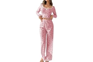 WDIRARA Women's 2 Piece Pajama Set Cherry Print Long Sleeve Sleepwear Pants Pjs Set Loungewear