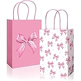 JarThenaAMCS 24pc Pink Bow Paper Gift Bags with Handles - Cute Bow Knot Treat Bags for Party Favors & Candy Goodies