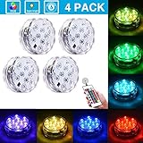 Submersible LED Lights [4 Pack] Waterproof light Multi Color Battery Operated Remote Control Wireless 10-LED Reusable light for Party,Vase,Christmas,Aquarium,Tub,Shower,Pond,IP68 Submersible Light